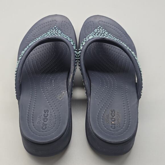 CROCS Monterey Diamante Wedge Flip Flop Sandals Women’s Size 9 Blue Casual - Picture 7 of 11